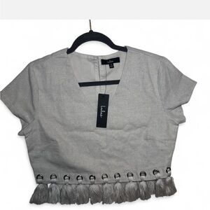 Lulu's beige Tassel Hem Crop Top NWT linen blend